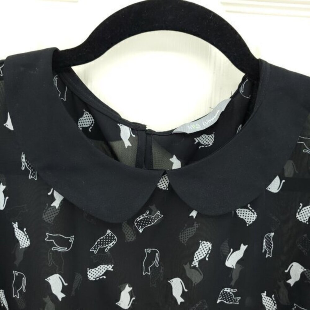 Marks & Spencer Sheer Cat-Print Peter Pan Collar Blouse Black US 8 Halloween - Picture 5 of 16
